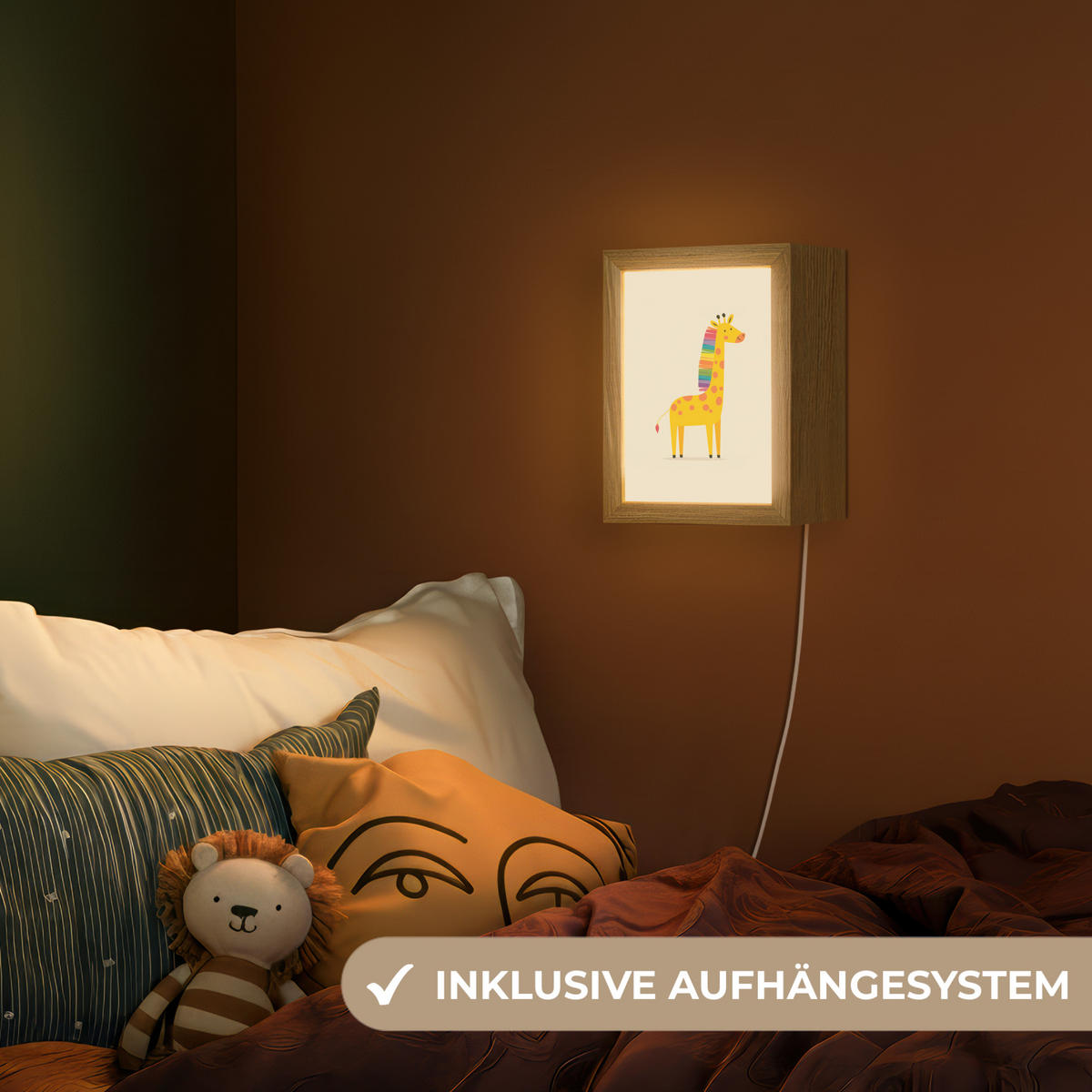 NACHTTISCHLAMPE Giraffe - Regenbogenmähne - Beige 15x20 cm - Beige, Holzwerkstoff (8/15/20cm)
