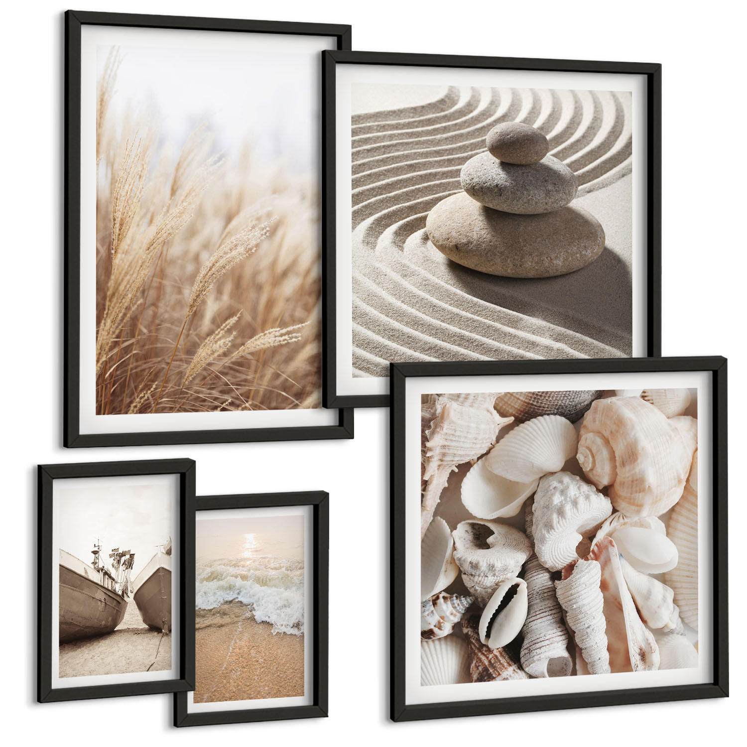BILDER SET 5er Set - 50x50 cm & 20x30 cm & 40x60 cm Schwarzer Rahmen - Wolkenmeer, Traumfänger, Gras - Schwarz, Kunststoff (40/60cm) - TULUP