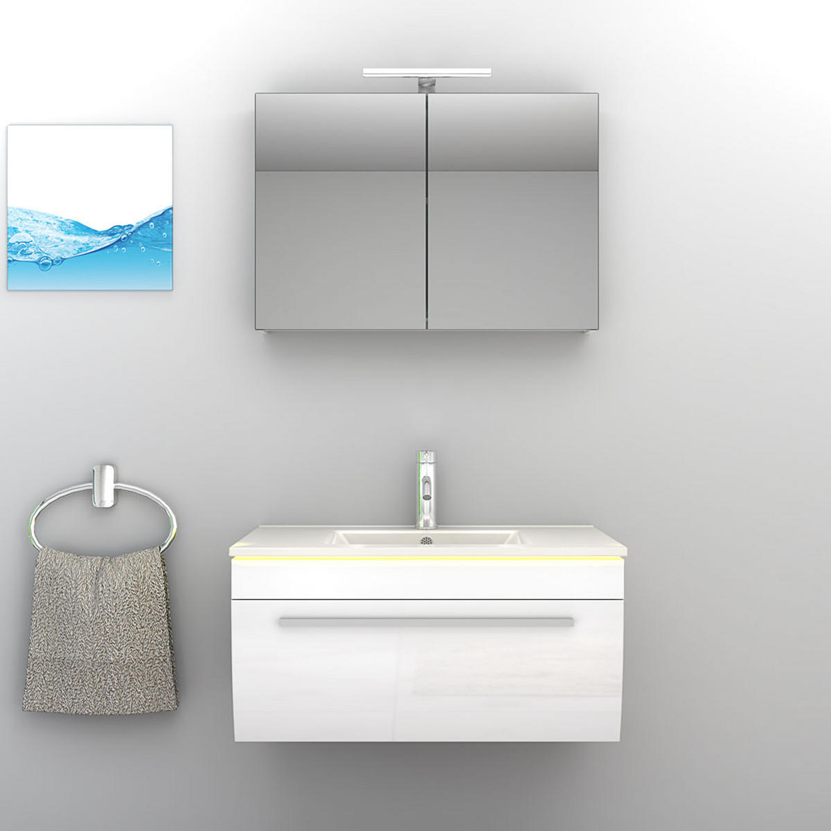 BADMÖBEL Set Gently 3 V1 Weiß MDF Waschtisch 80cm ohne LED-Beleuchtung - Weiß, Glas/Kunststoff (46/52/60cm) - AcquaVapore by Sandra Jentho