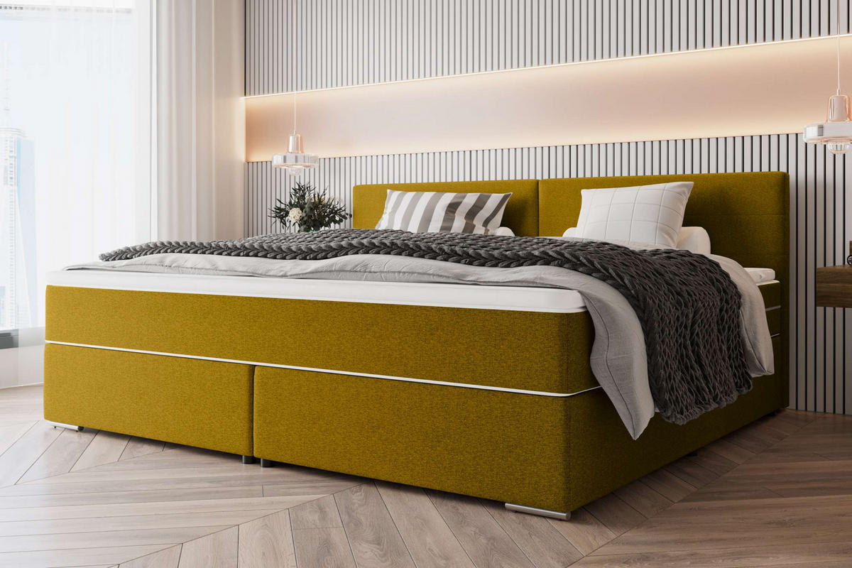 FAMILIENBETT BOXSPRINGBETT Webstoff Gelb 260/200 cm - Chromfarben/Gelb, Kunststoff/Textil (260/200cm) - 99rooms