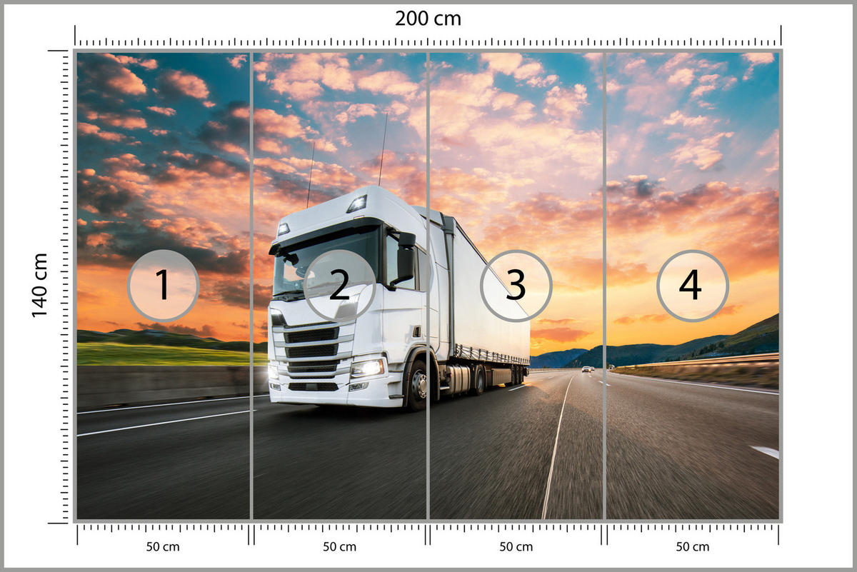 FOTOTAPETE Ein Lastwagen Autobahn Sonnenuntergang Berge 200x140 - Rosa/Orange, Papier (200/140cm) - Muralo