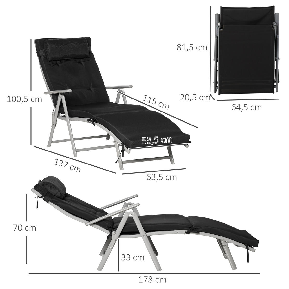 SONNENLIEGE, klappbar mit Kissen, Metall+Stoff, Schwarz, 137 x 63,5 x 100,5 cm - Multicolor, Metall (63.5/100.5/137cm) - Outsunny