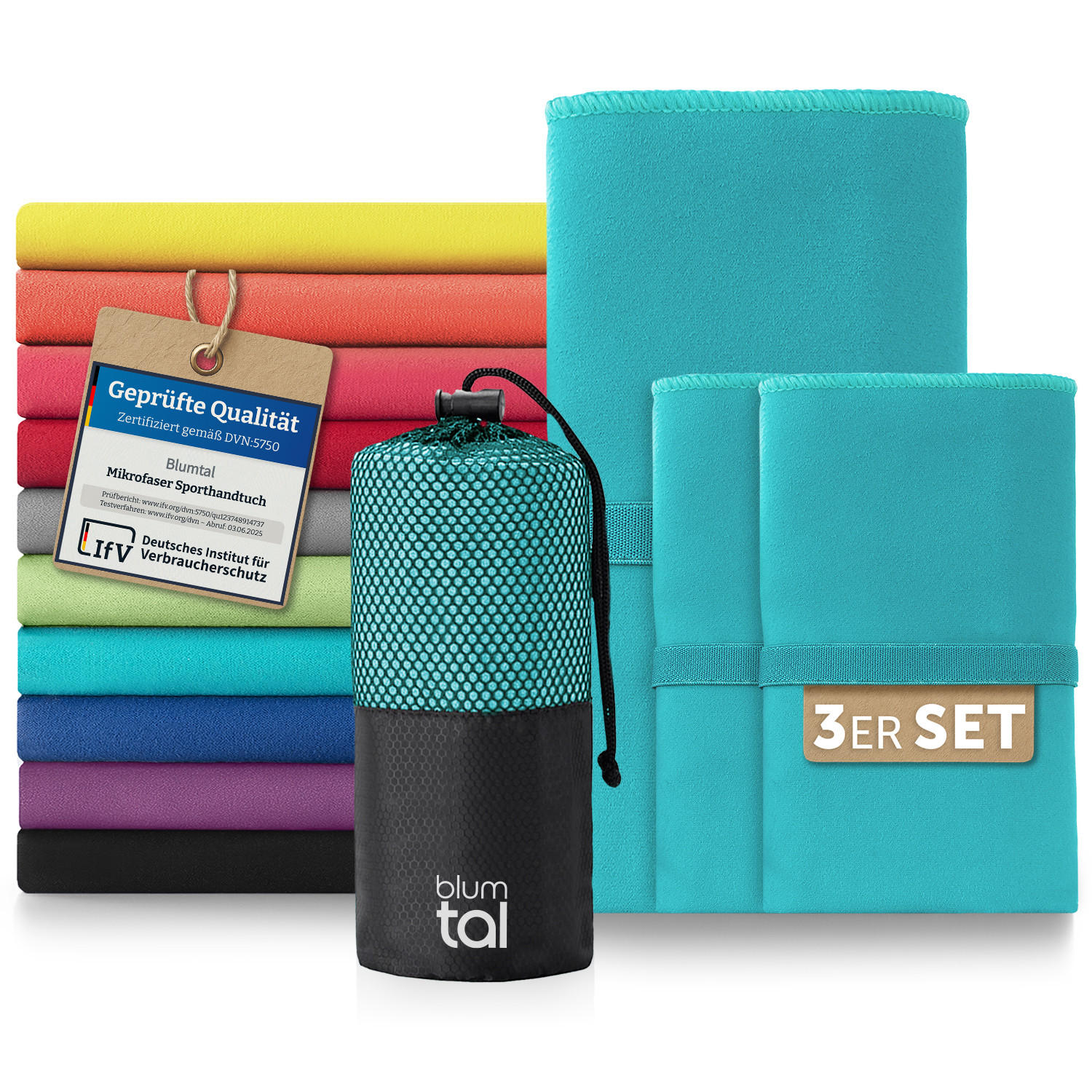 SPORTHANDTUCH microfiber 3er-Set , 180/90 cm & 2 x 80/40 cm,Hellgrün - Hellgrün, Textil (180/90cm) - Blumtal