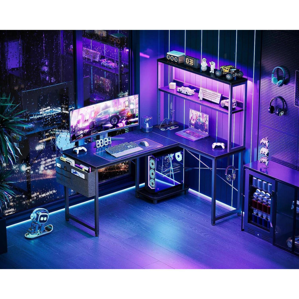 GAMING Tisch L-Form mit LED und Steckdosen 110 x 80 cm Schwarz - Schwarz, Holzwerkstoff (80/110/75.6cm)