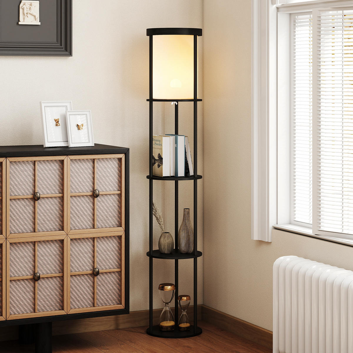 STEHLAMPE mit 3 runden Regalen, 3 Lichtfarben, Fußschalter - Schwarz, Holzwerkstoff (29/29/158cm) - HOMCOM