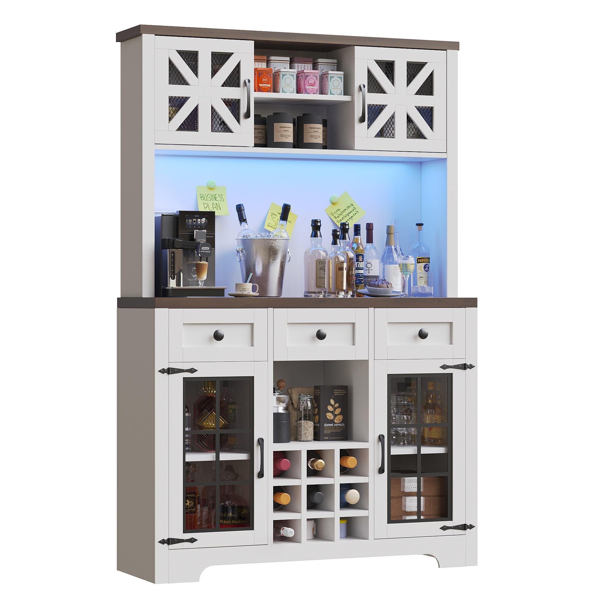 BUFFET Küchenschrank LED App Steuerung Weinfach Glashalter Mesh Türen verstellbare Böden modern - Transparent/Weiß, Glas/Holzwerkstoff (120/180/40cm) - EVRYAE