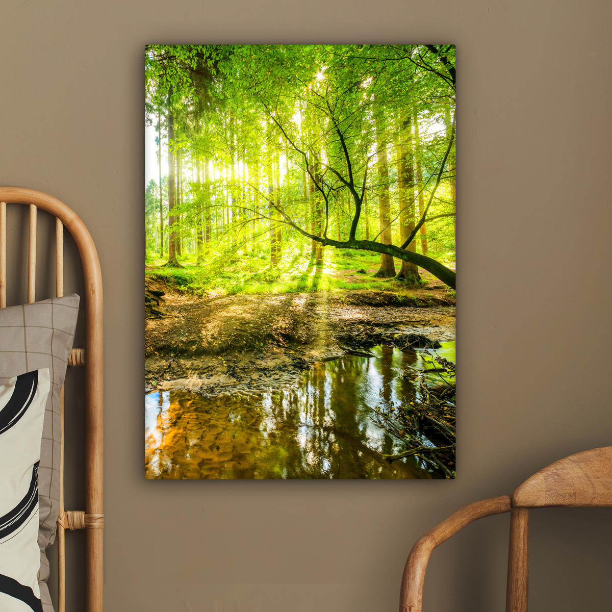 LEINWANDBILD Wald - Landschaft - Wasser - Bäume - Sonne - Grün - Natur 60x80 cm - Grün, Textil (60/80cm) - MuchoWow