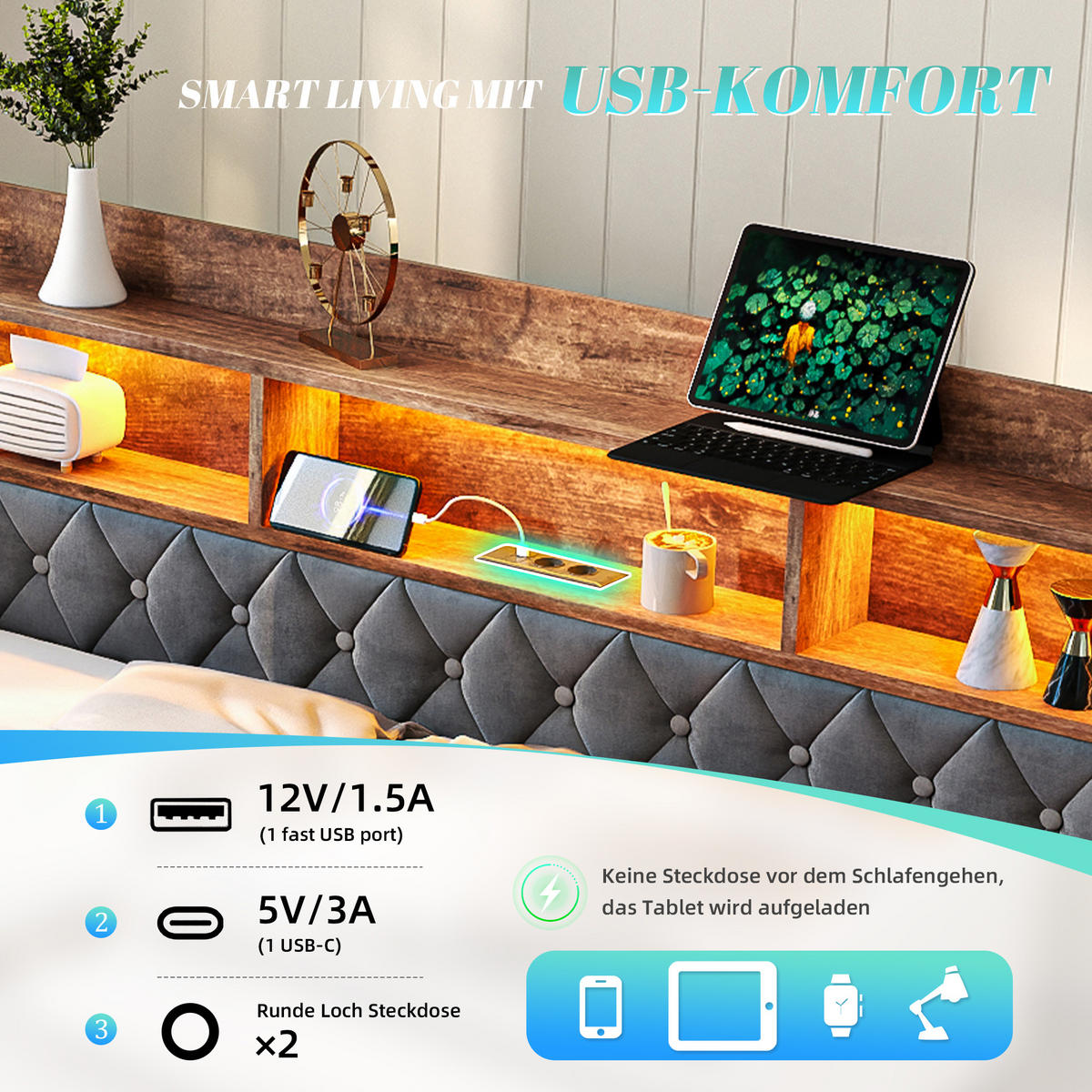 SCHLAFSOFA Dunkelgrau aus Samt mit Ausziehbett, Stauraumkopfteil, LED und USB-Ladeanschlüssen - Dunkelgrau, Textil (107/80/201cm) - Luhomfu