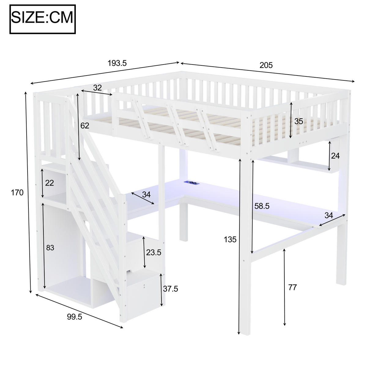 VYSOKÁ posteľ 140/200 cm biela z dreva s úložnými schodmi písacím stolom LED osvetlením a zásuvkou USB - biela, kompozitné drevo (140/200cm) - OKWISH
