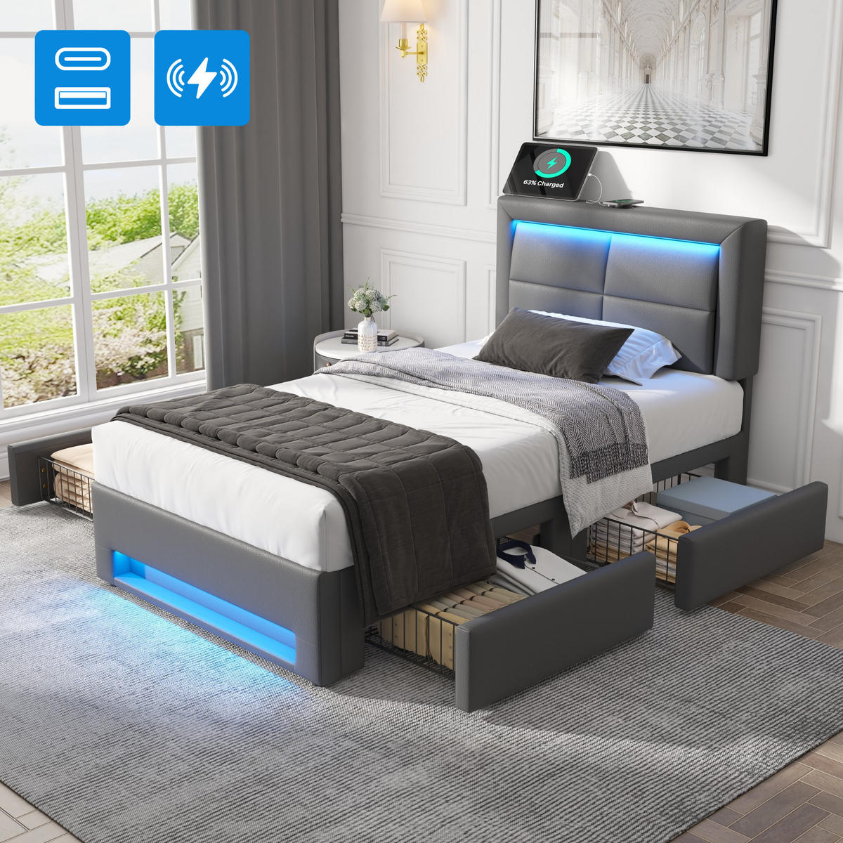 POLSTERBETT 90/190 cm mit USB-Anschluss, LED-Beleuchtung, 4 Schubladen und PU-Bezug, Grau - Grau, Kunststoff (90/190cm) - Redom