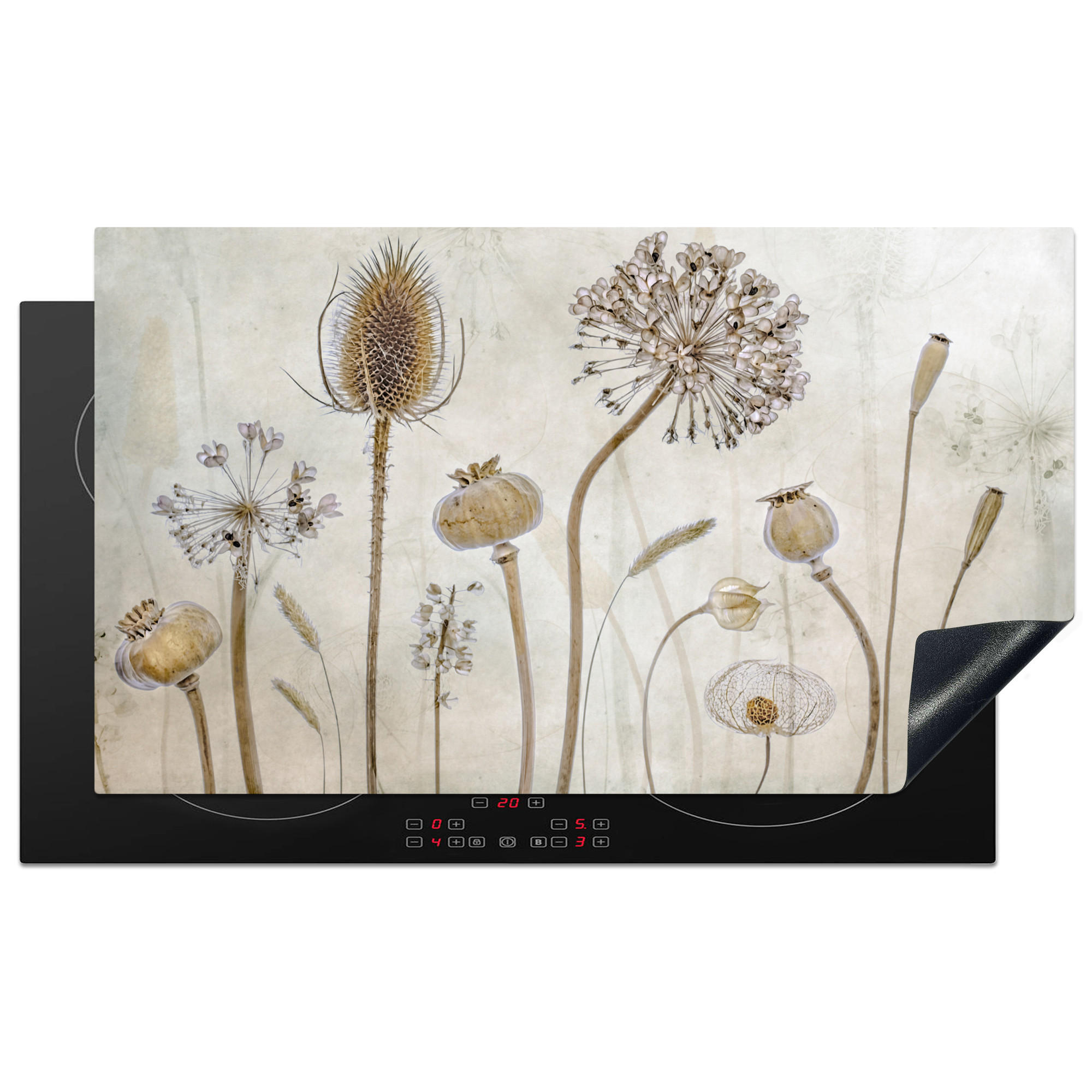 HERDABDECKPLATTE Blumen - Aquarell - Stilleben - Braun - Vintage 89x51 cm - Sandfarben, Kunststoff (89.6/0.2/51.6cm) - MuchoWow