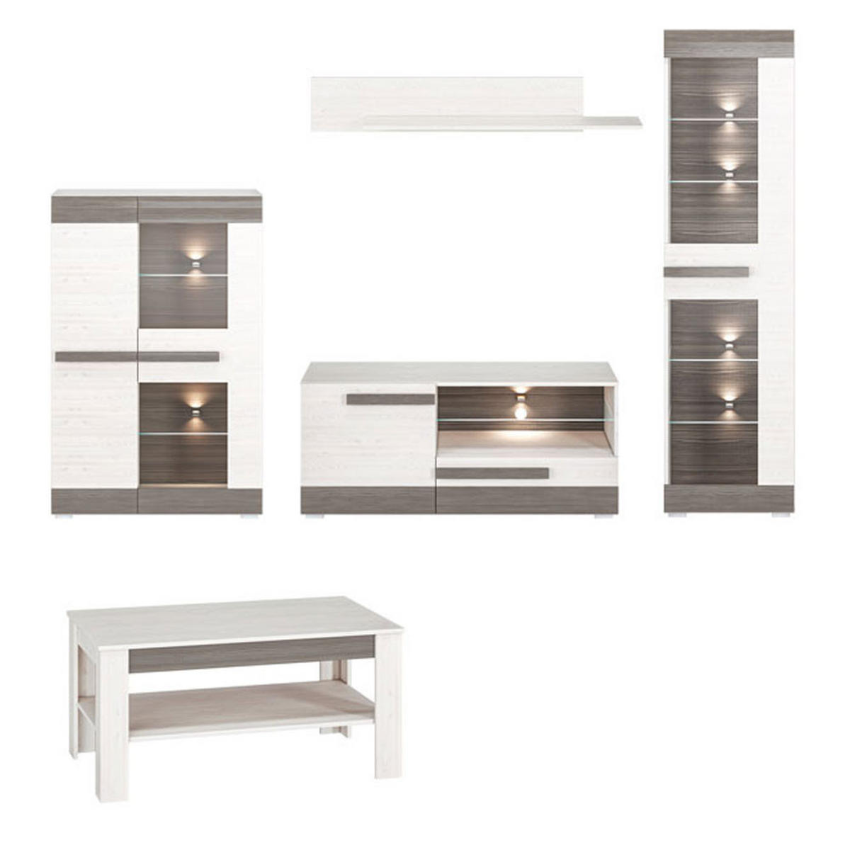 WOHNZIMMER SET 5-TEILIG Blanco Pinie weiß / grau 275 / 42 / 202cm - Weiß/Grau, Holz/Holzwerkstoff (275/202/42cm) - Feldmann-Wohnen