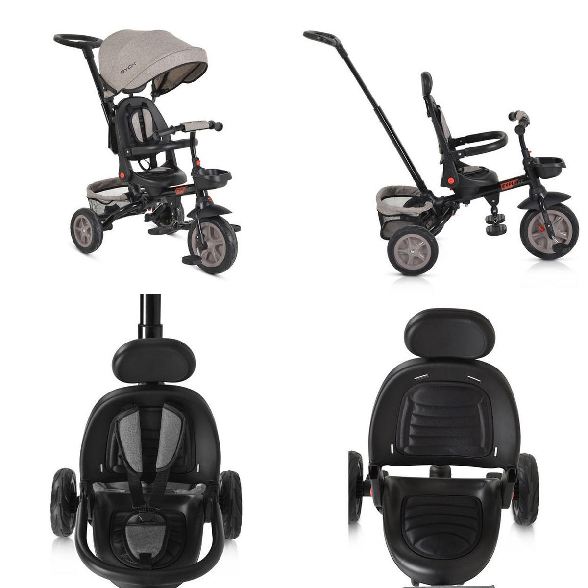 DREIRAD Explore 3 in 1 hellbraun Tricycle umkehrbarer Sitz Schiebegriff Körbe Pedale - Beige, Metall (98/52/111cm)