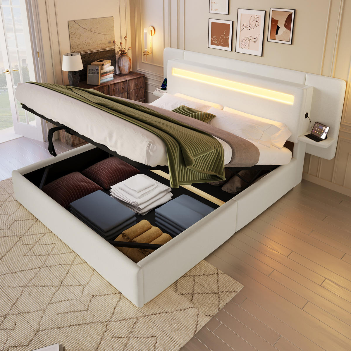 POLSTERBETT 140 x 200 cm in beige, mit hydraulischem Stauraum und integriertem Nachttisch - Beige, Textil (140/200cm) - KOMHTOM