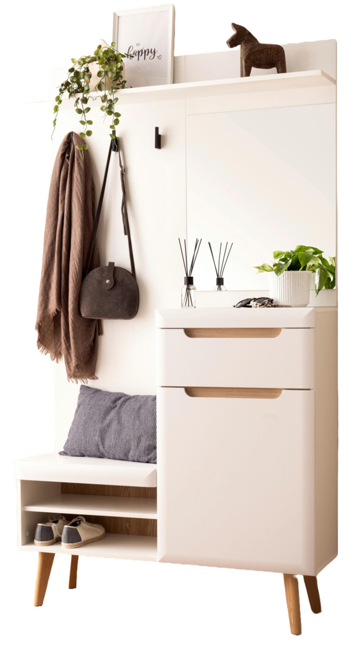 GARDEROBEN-SET weiß matt, Eiche, Kompaktgarderobe skandinavisch 110x197 cm - Eichefarben/Weiß, Glas/Holz (107/197/34cm) - Furn.Design