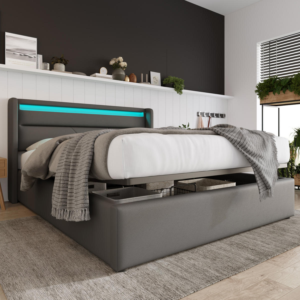 BETT mit Bettkasten und LED 160x200 cm PU Grau - Grau, Metall (160/200cm) - Meubliv