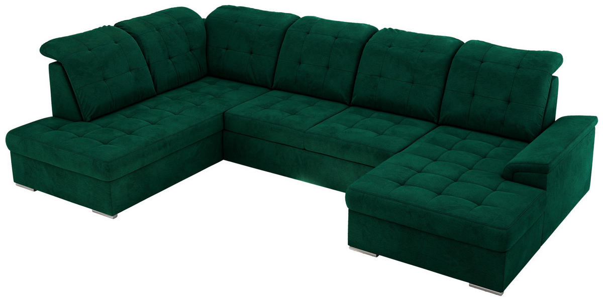 WOHNLANDSCHAFT MADRITO U - DunkelGrün Velorus - Links - Dunkelgrün/Silberfarben, Textil/Metall (204/89/323cm) - MKS