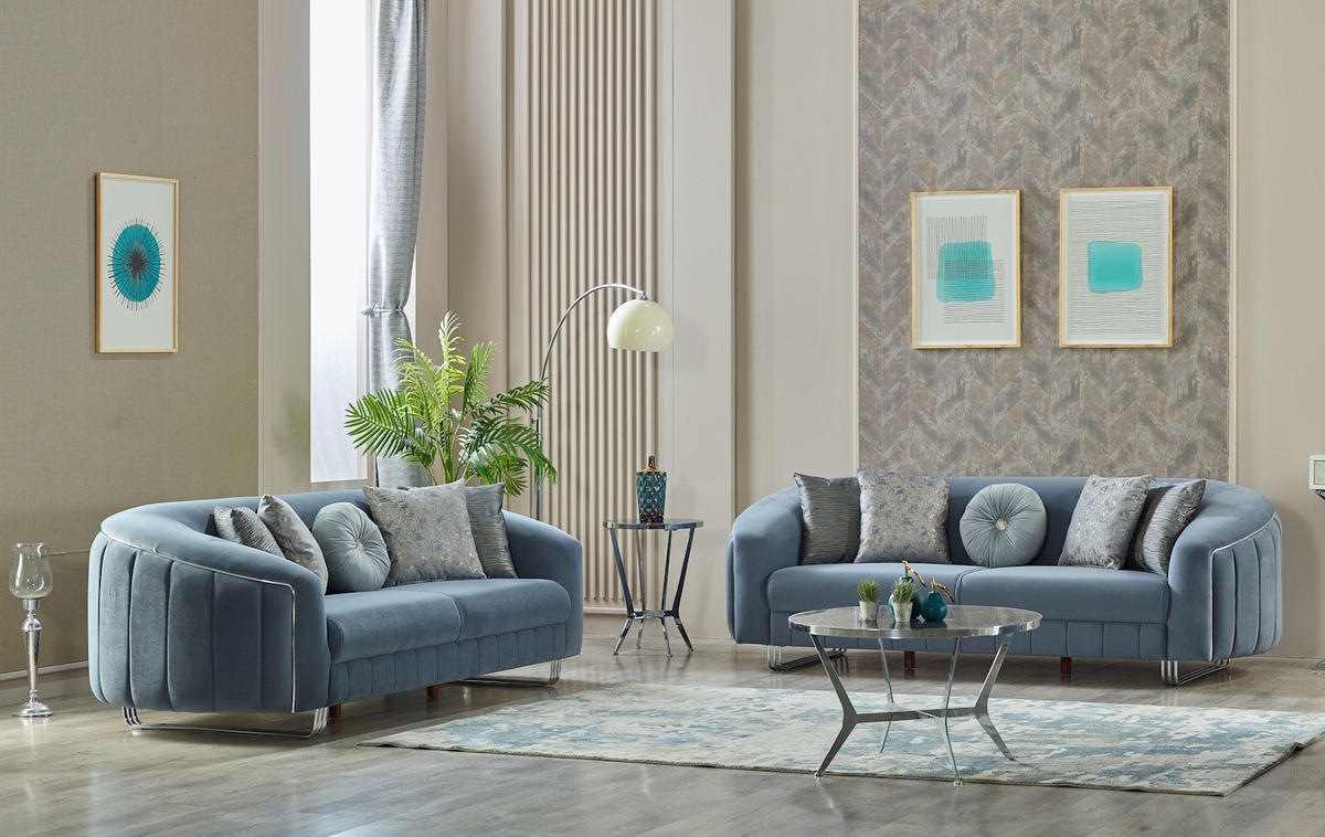 SITZGARNITUR Angela Blau Stellvariante:2+2 - Hellblau, Holz/Textil (185/77/100cm) - Villa Möbel