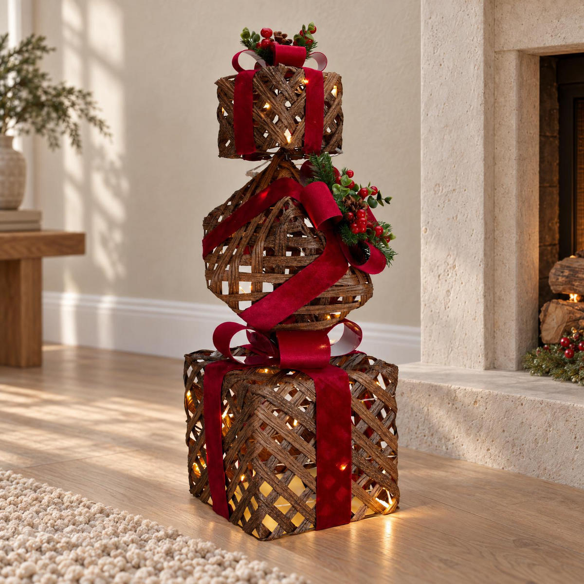 LICHTDEKORATION mit mehrstöckigen Geschenken 25/25/73 cm - Braun, Metall (25/73/25cm) - Home Styling Collection
