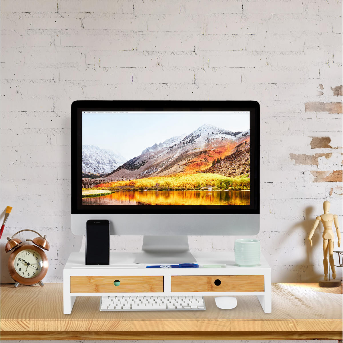 MONITORSTÄNDER Weiß Natur 2-Schubladen - Multicolor, Holz/Holzwerkstoff (27/55.5/12cm) - Relaxdays