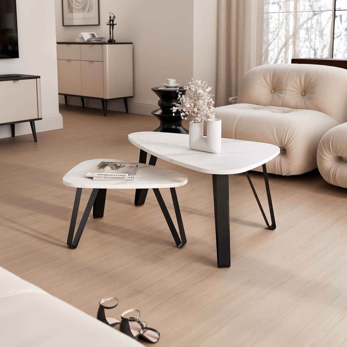 SATZTISCH NOA Stahlgestell, Freiform, Schwarz / Bianco Marmor - Schwarz/Weiß, Holzwerkstoff (94/60/42cm) - Idohome