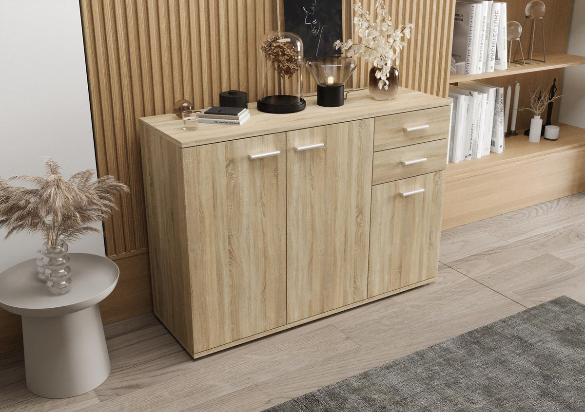 KOMMODE London LMK 3D2S mit 3 Türen, Sideboard in Farbe: Hellbraun, Größe: 106 x 75 x 35 cm - Hellbraun, Holzwerkstoff (106/75/35cm) - O-Sofa