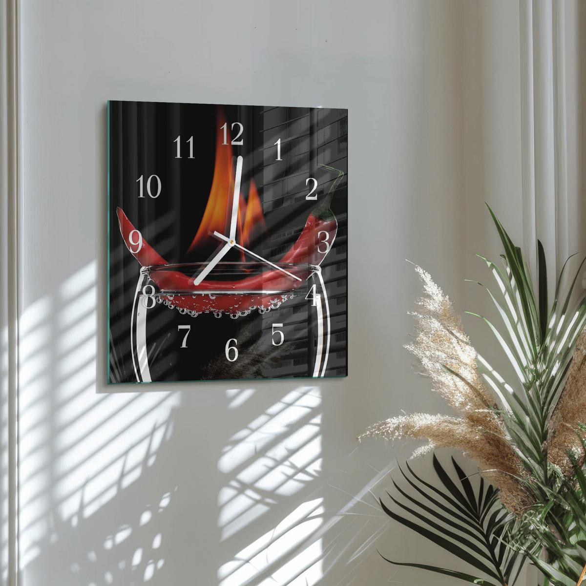 WANDUHR 30x30 cm - Chili-Feuer - Rot, Glas (30/30/0.4cm) - TULUP