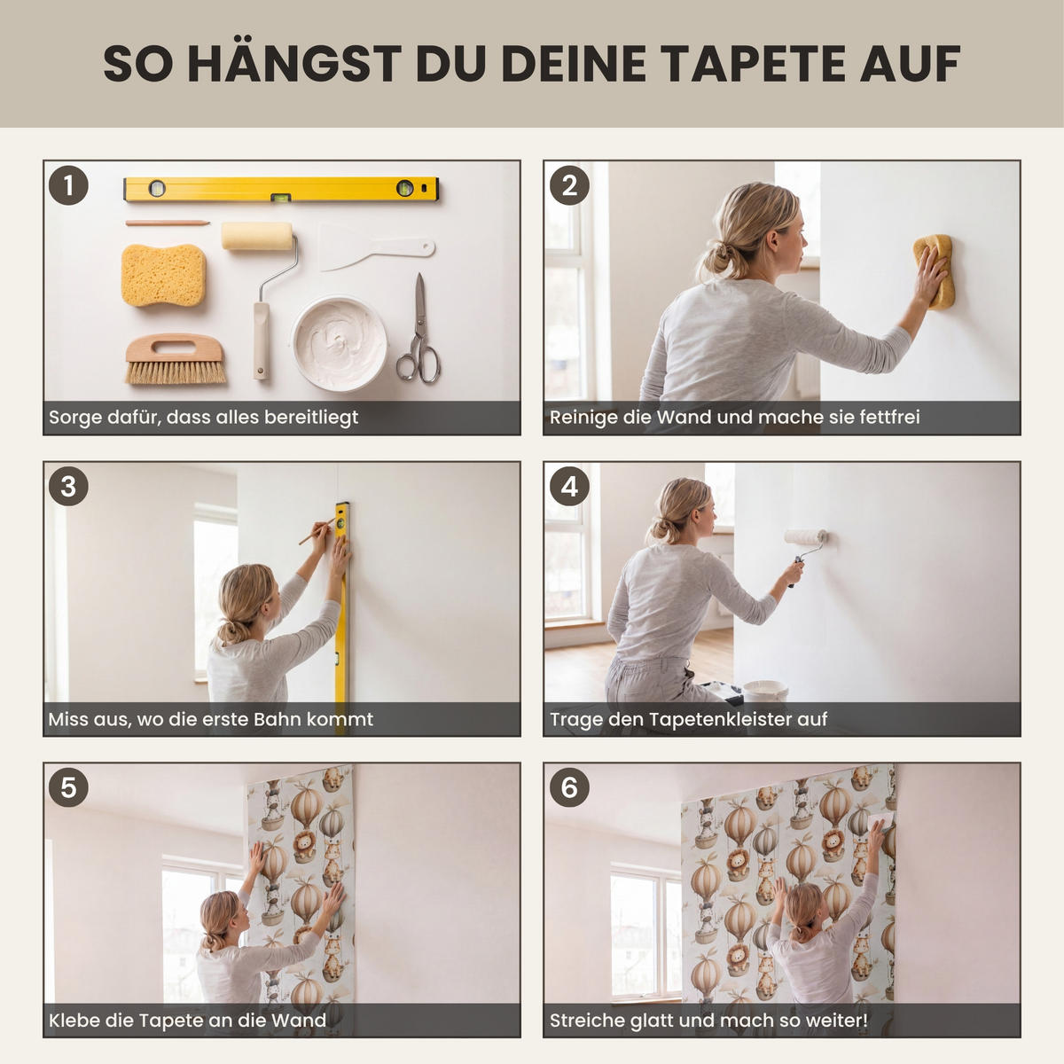 KINDERTAPETE - Safari - Heißluftballons - Taupe - 120x280 cm - Beige, Papier (120/280cm) - OnlyWow