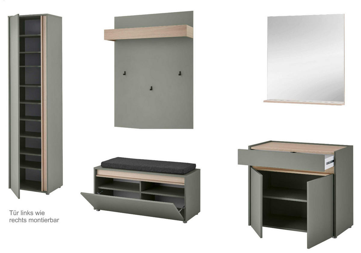 GARDEROBEN-SET Salbei grün, Barista Eiche 6-teilig, Garderobenkombination 260 cm Center - Salbeigrün/Eichefarben, Glas/Holz (260/200/40cm) - Furn.Design