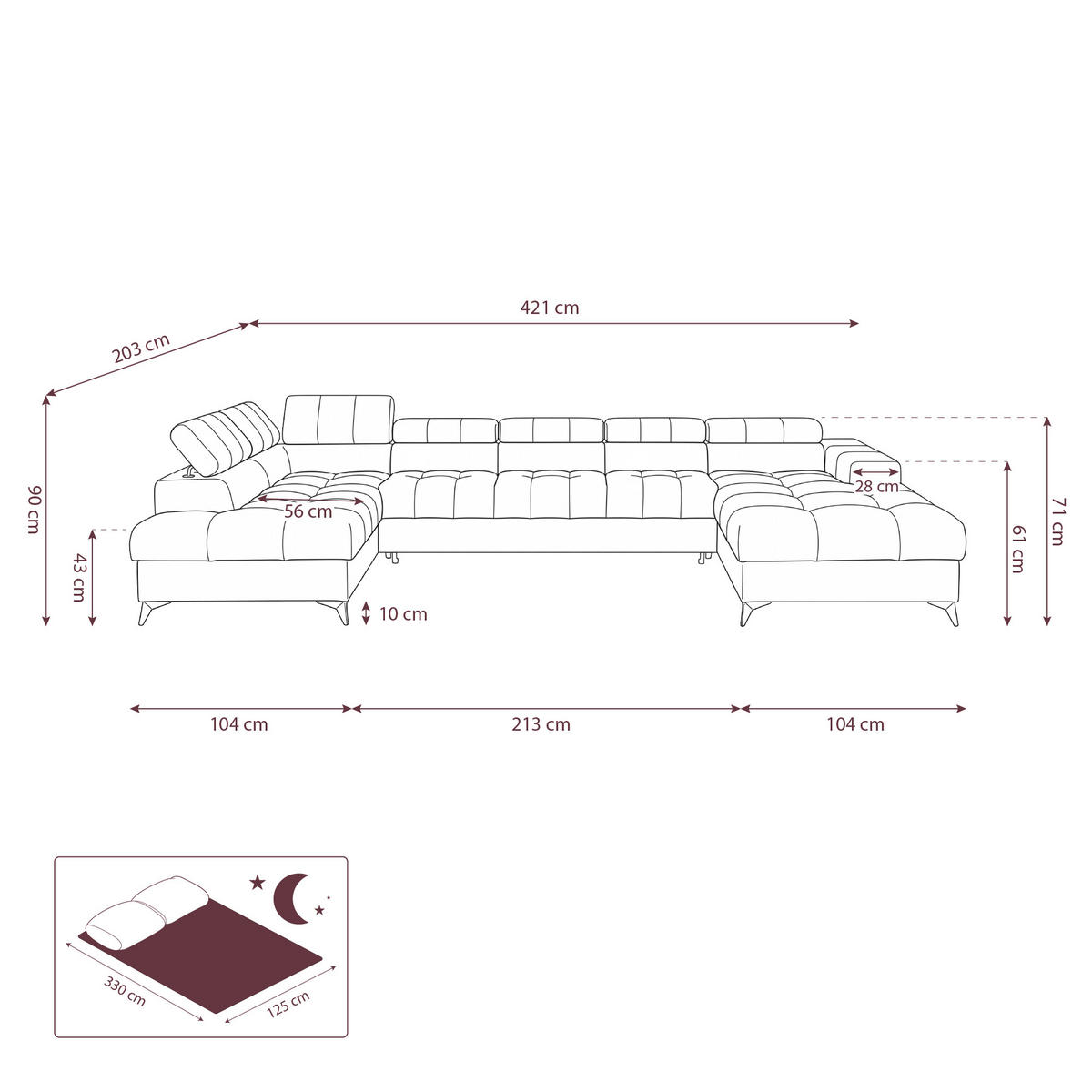 ECKSOFA PUDDING MAXI U Links mit Schlaffunktion 125x330 Velours Dunkelgrau - Dunkelgrau/Schwarz, Holz/Textil (203/421cm) - Muffo