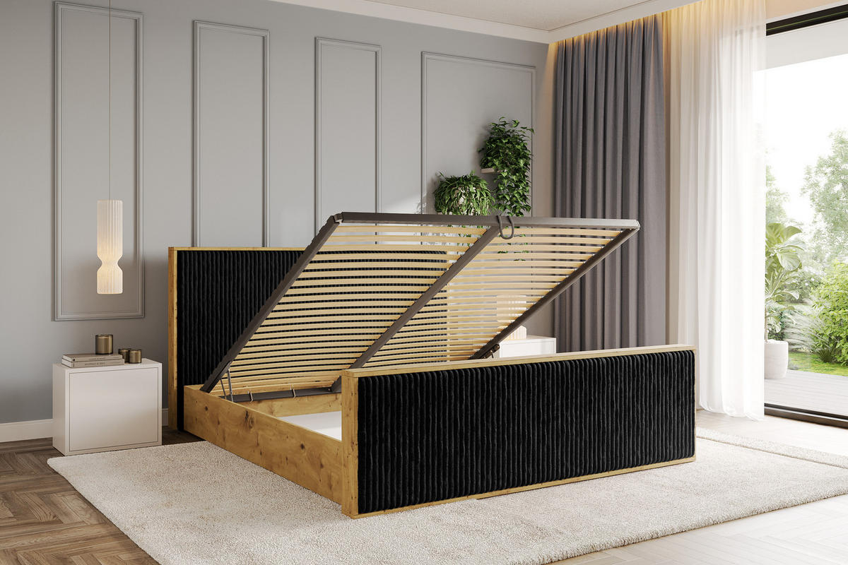 POLSTERBETT mit Bettkasten und Lattenrost, Boxbett mit Stauraum und Kopftei mit Matratze H3/H4 - ENZO10 120x200 Schwarz - Schwarz, Holzwerkstoff/Textil (120/200cm) - ALTDECOR
