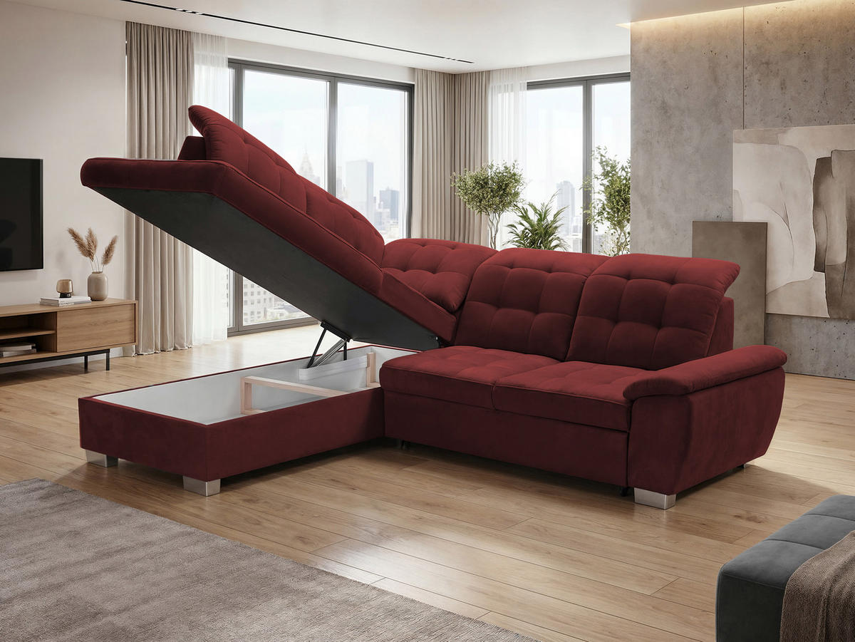 ECKSOFA LENO Links, mit Schlaffunktion und Bettkasten, Rot - Rot, Kunststoff/Textil (261/220cm) - Idohome