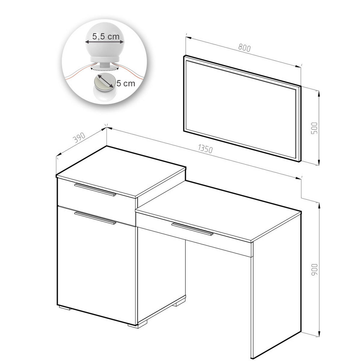 SCHMINKTISCH Lilli Weiß 135 cm mit LED Beleuchtung - Weiß, Holzwerkstoff (135/90/39cm) - Vicco