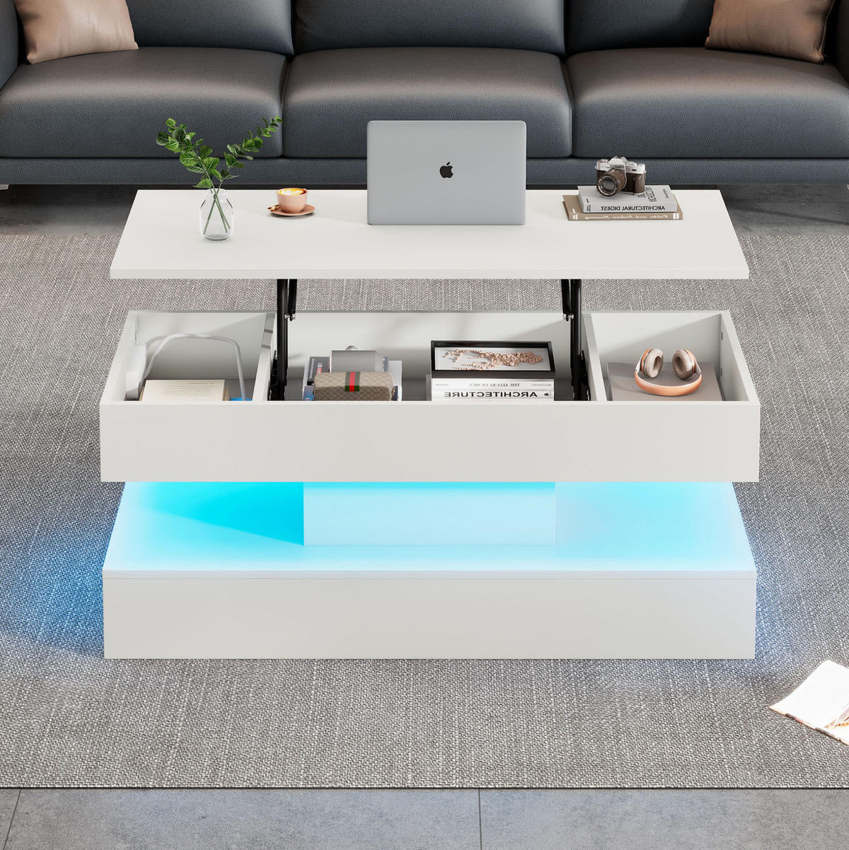 COUCHTISCH 100/50/42 cm in Weiß mit LED-Beleuchtung und höhenverstellbarer Platte - Weiß, Holzwerkstoff (100/50/42cm) - Flora Grace