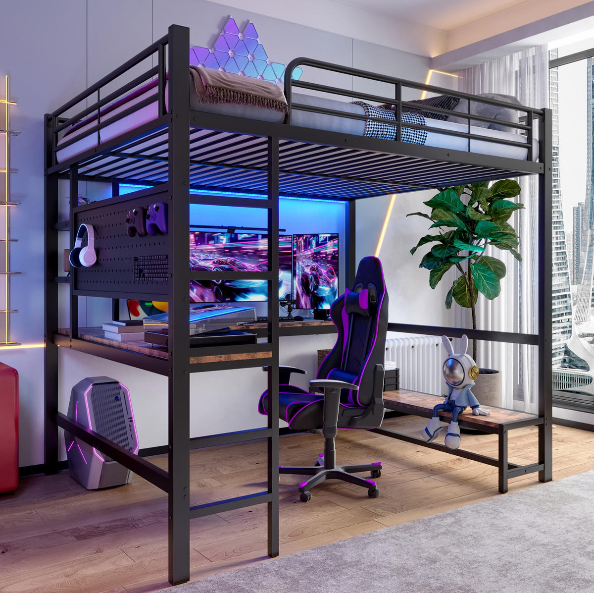 HOCHBETT 140/200 cm, Schwarz mit Schreibtisch, LED und USB-C - Schwarz, Metall (140/200cm) - MIVRAY