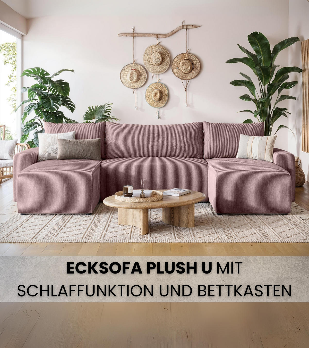 WOHNLANDSCHAFT Plush mit Schlaffunktion Rosa Cord - Rosa, Kunststoff/Textil (315/72/145cm) - Bromarkt