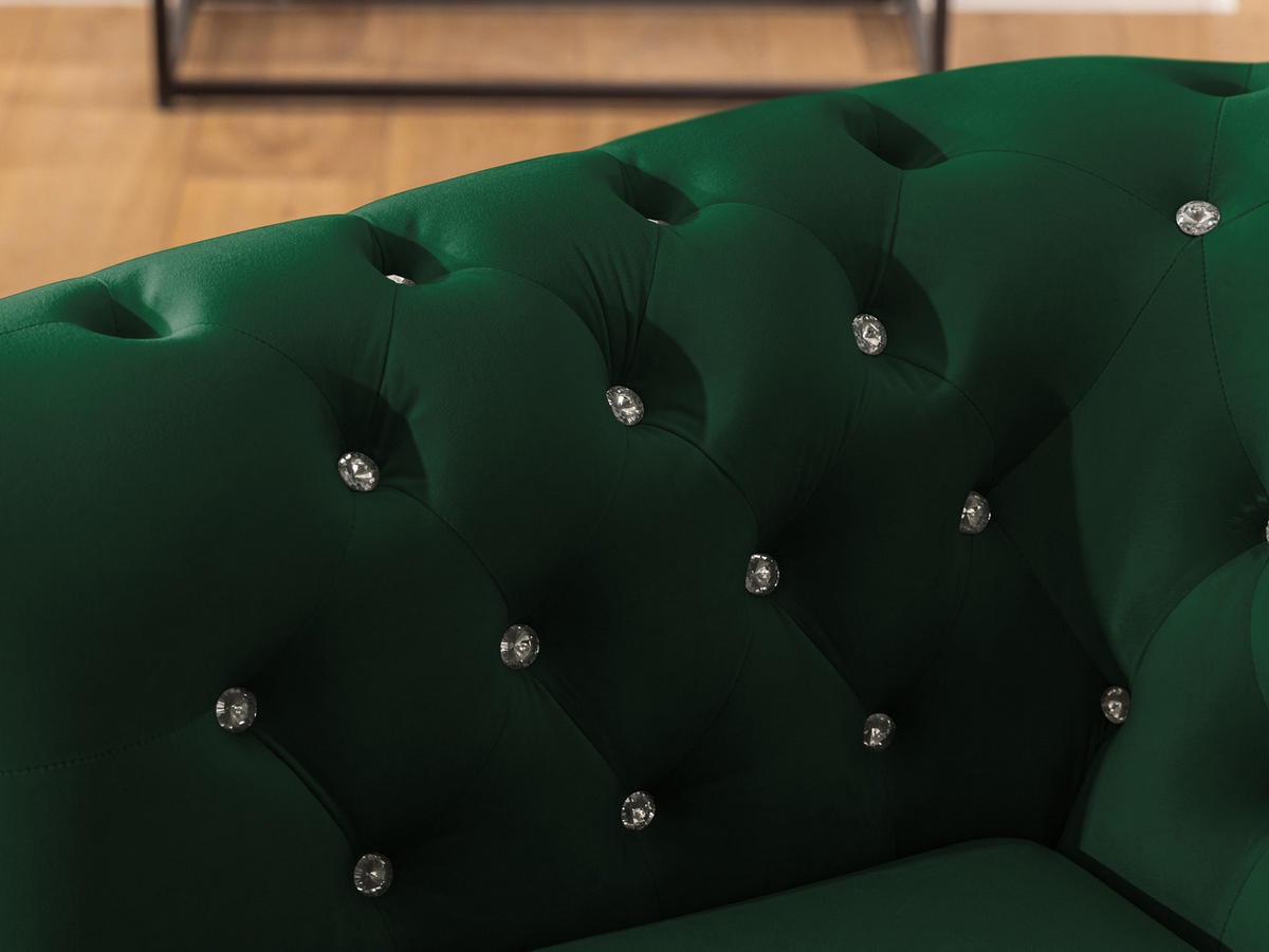 SITZGARNITUR 3+2 Chesterfield Cleo Blink Flasche Grün Samt mit Kristallsteppung und braunen Massivholzfüßen - Braun/Grün, Holz/Textil (203/72/86cm) - S-Style Möbel