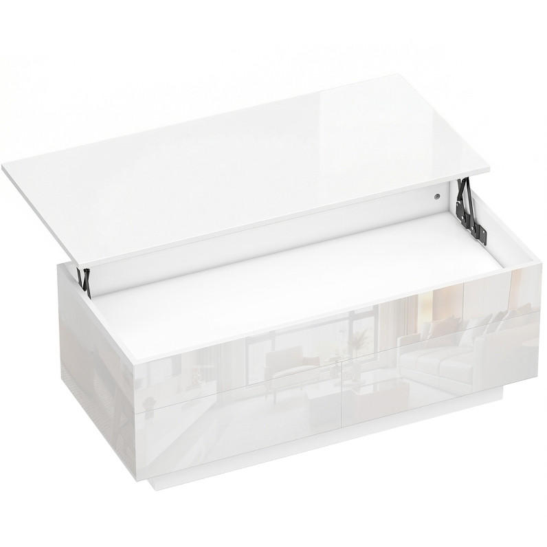 Redom KONFERENČNÍ stolek 102/48/40 cm s výklopnou deskou, skrytým úložným prostorem a 2 zásuvkami, Bílá lesklá