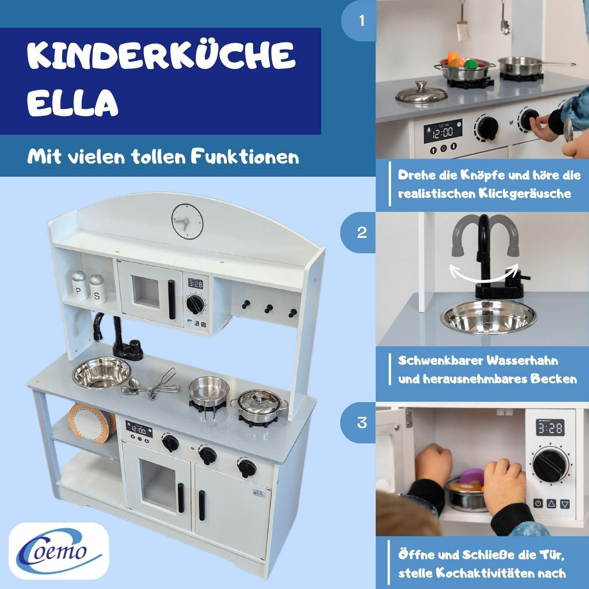 SPIELKÜCHE ELLA mit Zubehör 68/26/82 cm - Grau, Holz (68/26/82cm) - Coemo