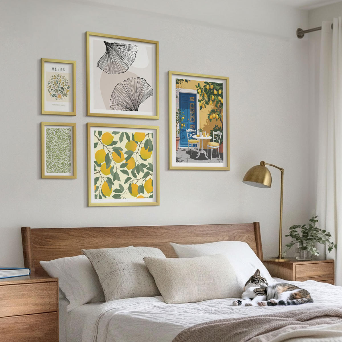 BILDER SET 5er Set - 50x50 cm & 20x30 cm & 40x60 cm Goldrahmen - Zitronenkräuter und -blätter - Goldfarben, Kunststoff (40/60cm) - TULUP