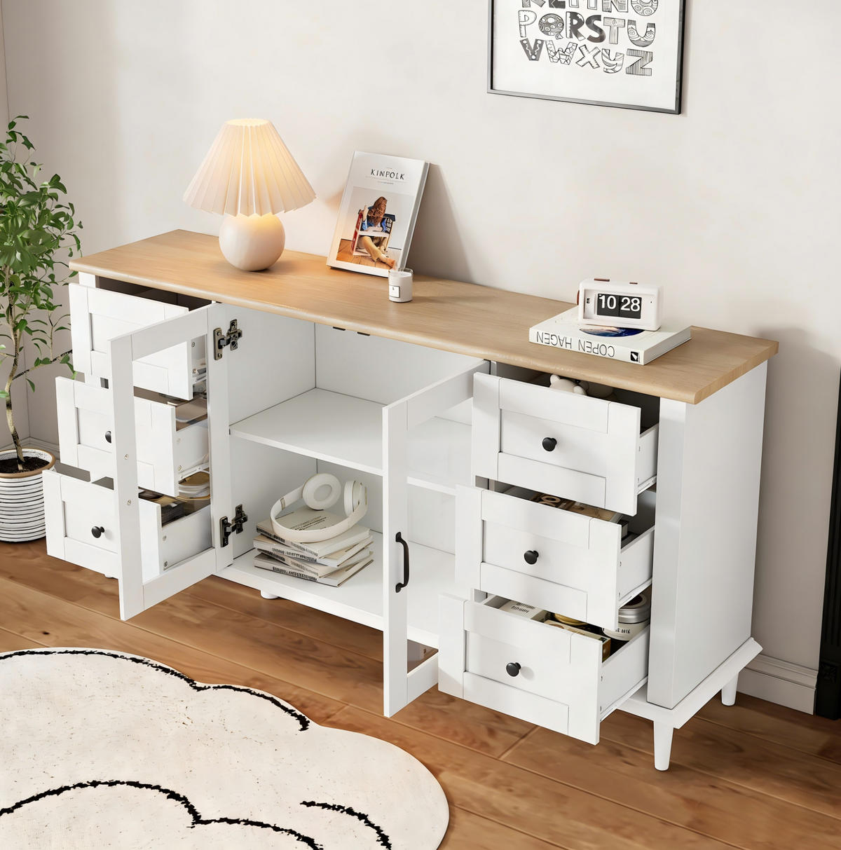 SIDEBOARD 150/40/75 cm mit 6 Schubladen, 2 Acryltüren und LED-Beleuchtung, Weiß/Holzton - Weiß, Holzwerkstoff (150/75/40cm) - Redom