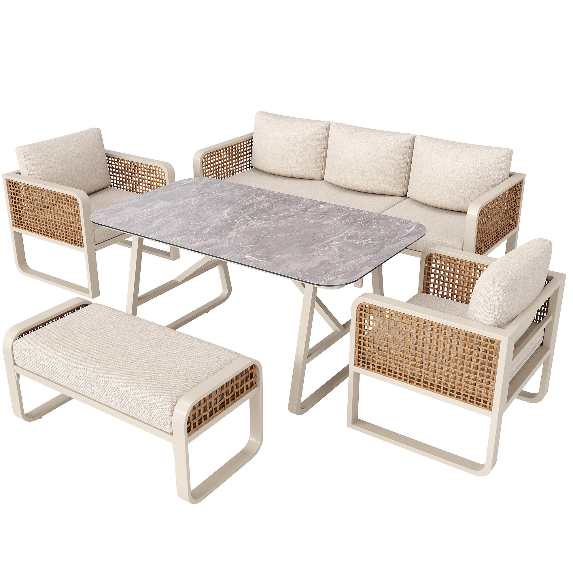 GARTENLOUNGE 178/61/76 cm beige aus PE-Rattan mit Tisch und waschbaren Kissen - Beige, Metall - OKWISH