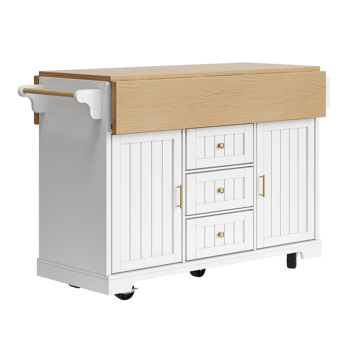 KUHINJSKI otok 120/40/95 cm iz MDF-ja in kovine z zložljivo ploščo, kolesi, 3 predali in 2 vrati, Bela - bela, leseni material (120/95/40cm) - Redom