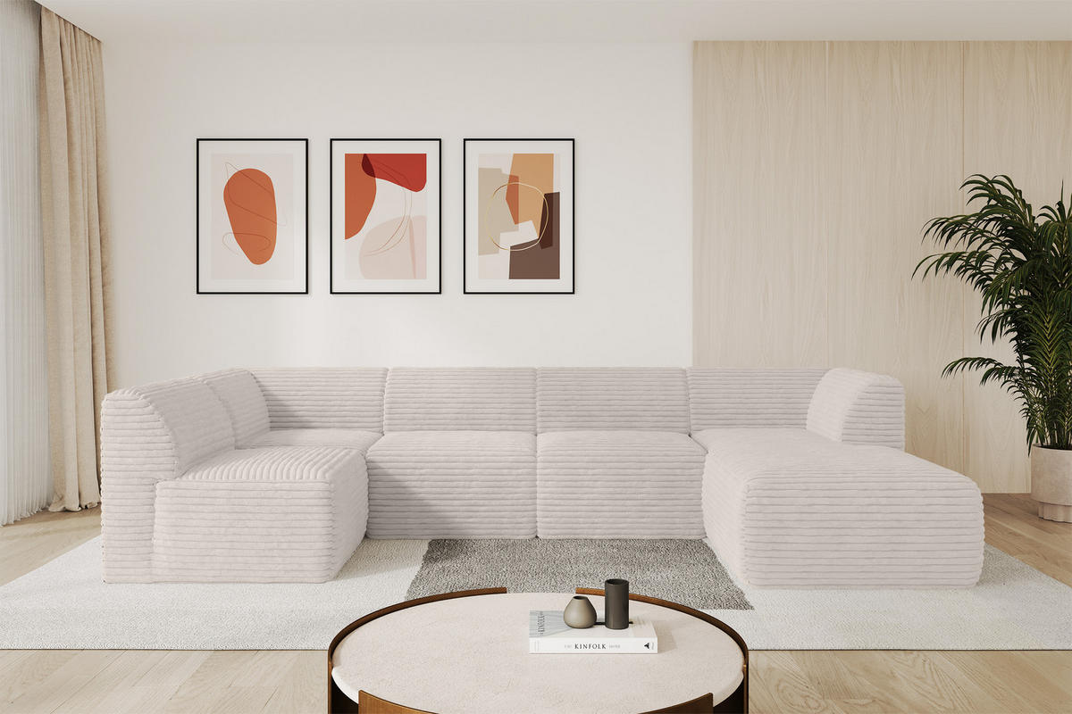 WOHNLANDSCHAFT Ottomane Rechts MOVO-L 345x180x78 cm Creme Cord - Creme, Holzwerkstoff/Kunststoff (180/78/345cm) - ALTDECOR