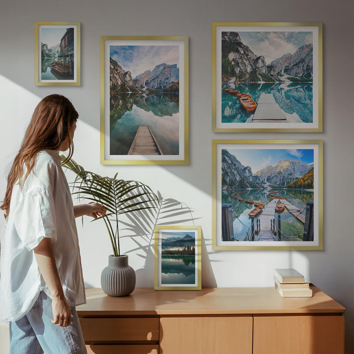 BILDER SET 5er Set - 50x50 cm & 20x30 cm & 40x60 cm Goldrahmen - See Berge Holzboote - Goldfarben, Kunststoff (40/60cm) - TULUP