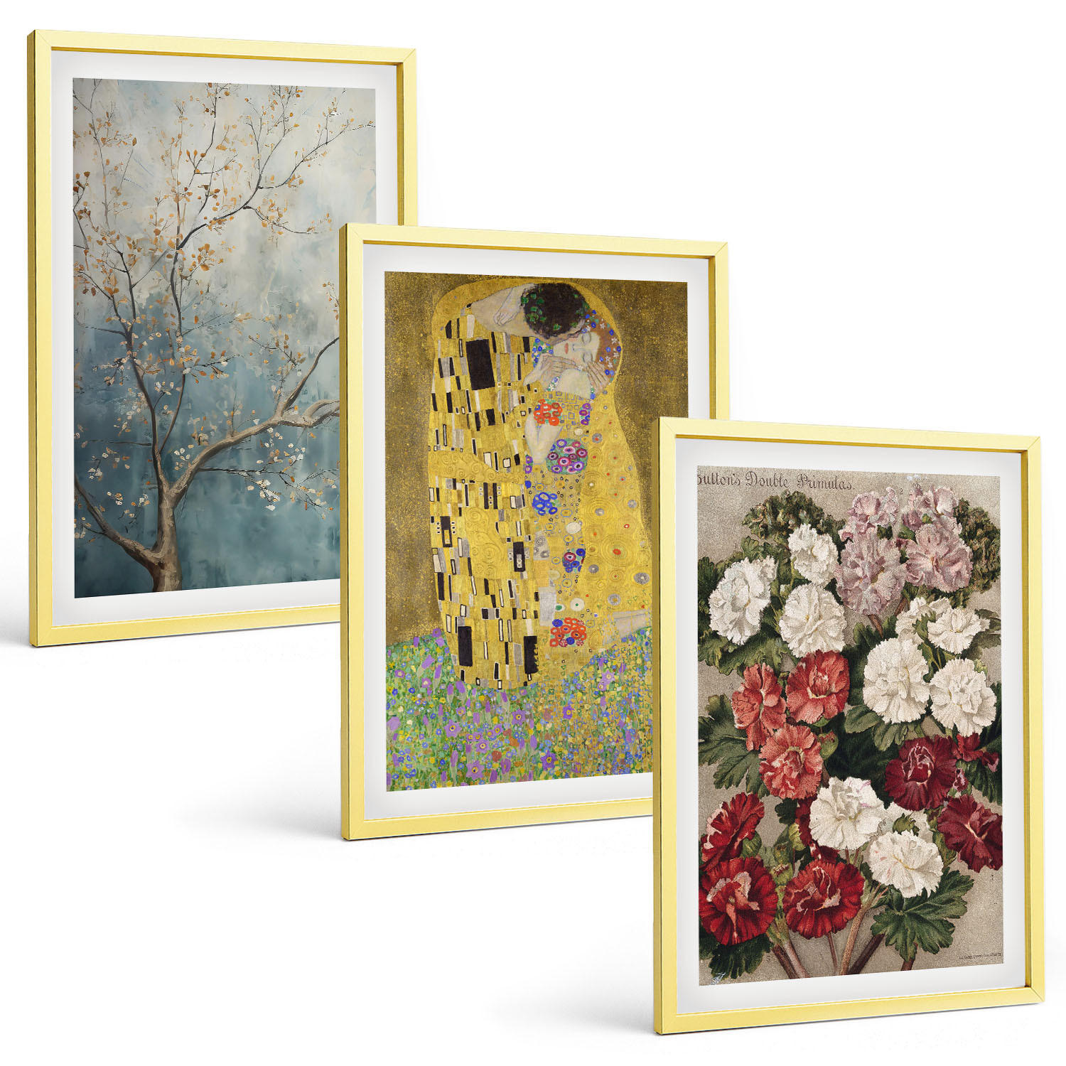 BILDER SET 3er Set - 40x60 cm Goldrahmen - Blumen des Baumes (Gemälde von Klimt) - Goldfarben, Kunststoff (40/60cm) - TULUP