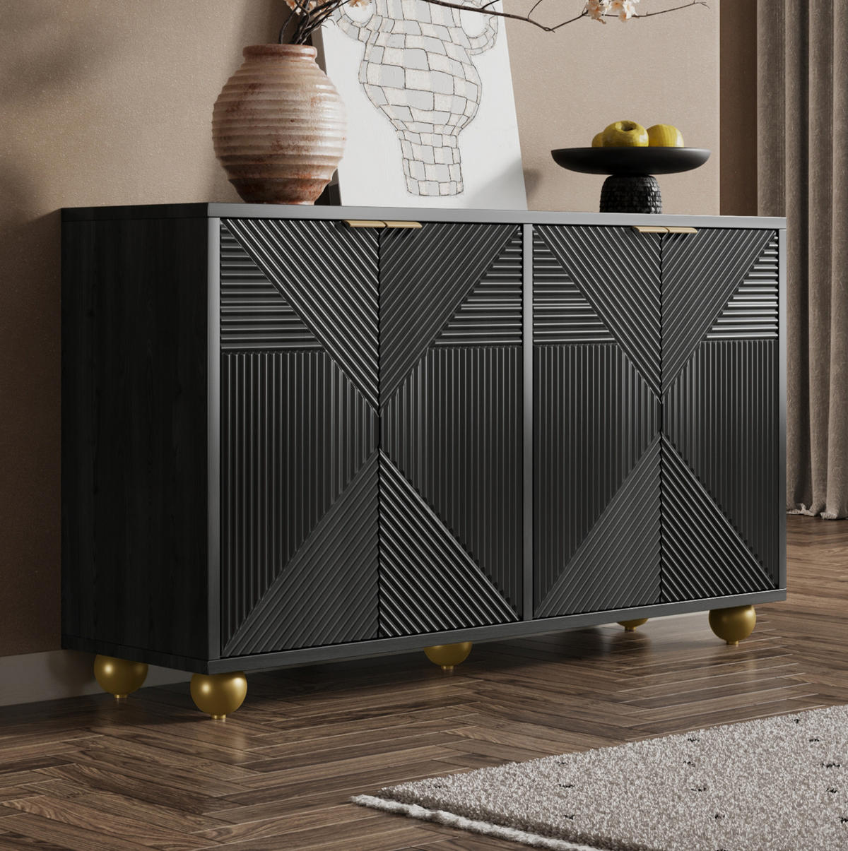 SIDEBOARD 120/35/71,5 cm in Schwarz mit 4 Türen und verstellbaren Innenböden - Schwarz, Holzwerkstoff (120/71.5/35cm) - Flora Grace