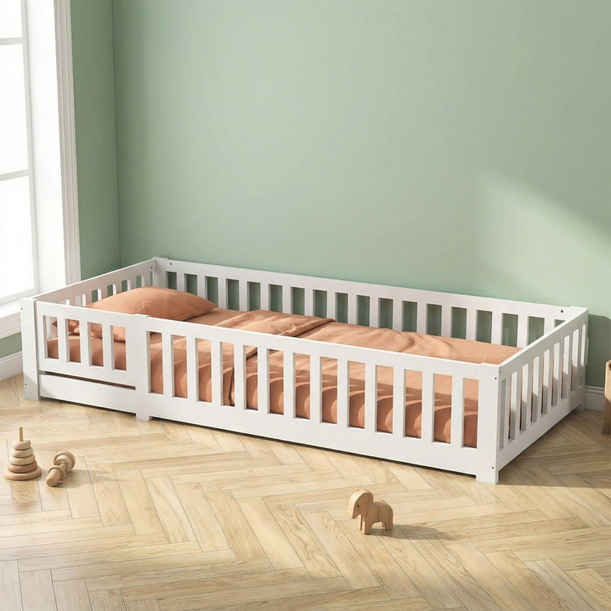 KINDERBETT 90/200 cm weiß mit Schutzgitter - Weiß, Holz