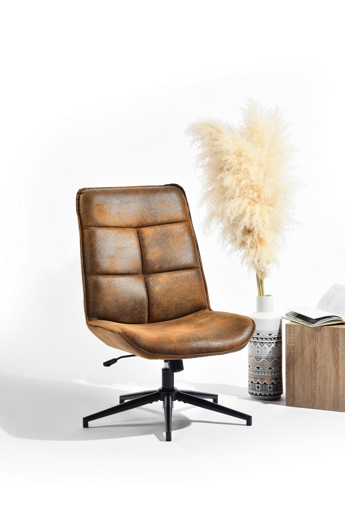 DREHBARER Bürostuhl mit Neigefunktion und Höhenverstellung von 35–41 cm, Braun - Braun, Metall (61/95/67cm) - Meubles Cosy