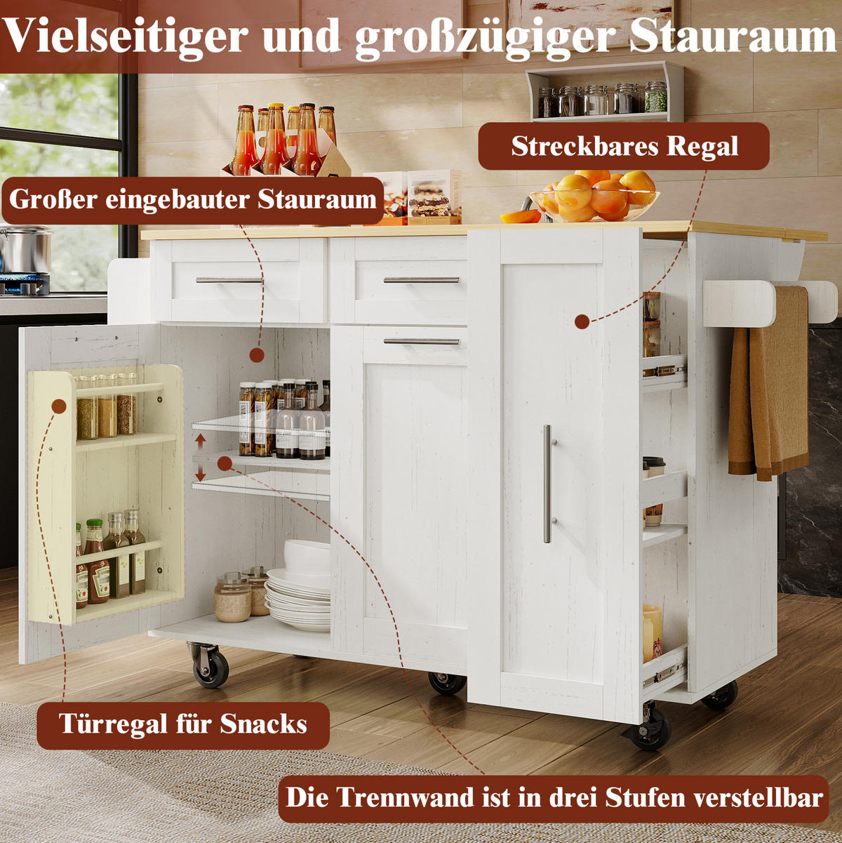 KÜCHENINSEL mit Klapptisch 110 x 46 cm Weiß - Weiß, Metall (74/92.5/134.5cm) - Beauniv